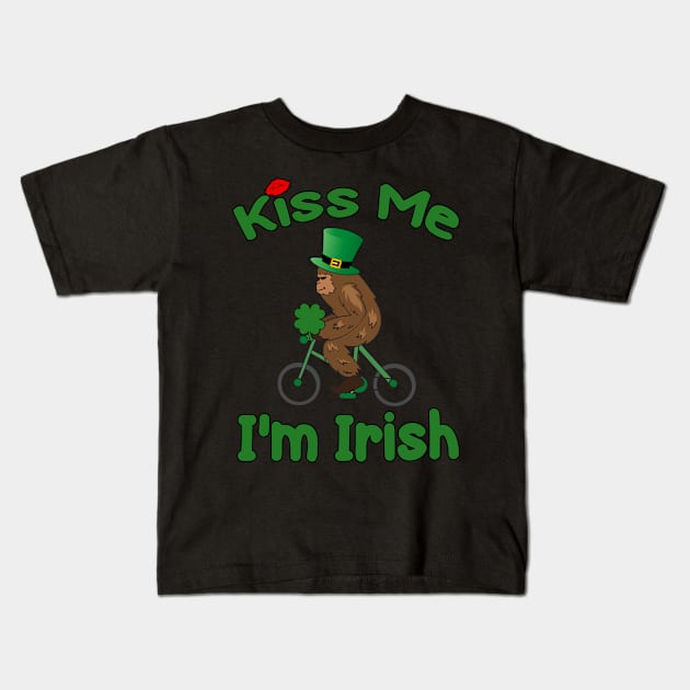 Bigfoot Kiss Me I'm Irish Sasquatch on a Bike Kids T-Shirt by 4Craig